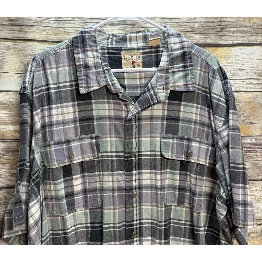 Redhead Green Plaid Button Up Shirt Cotton Men‎ Size 2XL Tall Short Sleeve